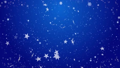 Animation-of-snow-and-stars-on-blue-background