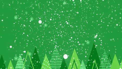 Animation-of-snow-falling-over-fit-trees-on-green-background