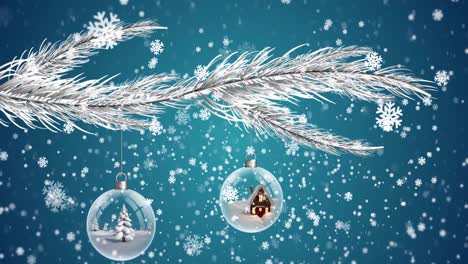 Animation-of-snowflakes-over-fir-tree-and-baubles-on-blue-background