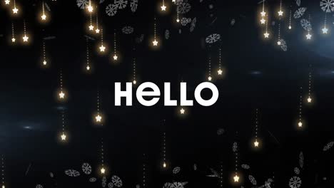 Animation-of-hello-over-snowflakes-and-stars-falling-over-black-background