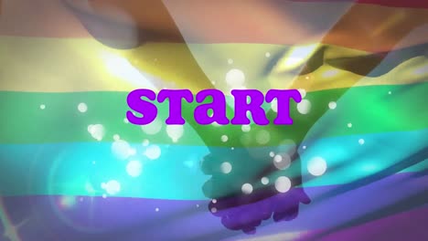 Animation-Des-Starttextes-über-Der-LGBT-Flagge-Und-Menschen,-Die-Sich-An-Den-Händen-Halten
