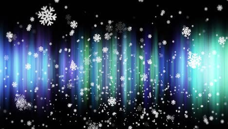 Animation-of-northers-lights-and-snow-falling-on-black-background