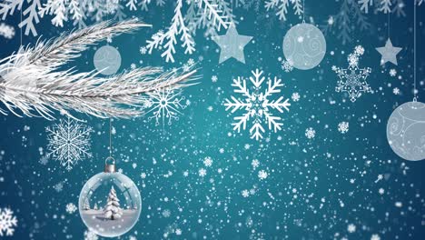 Animation-of-snowflakes-over-fir-tree-and-baubles-on-blue-background