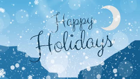 Animation-of-happy-holidays,-moon-and-snowflakes