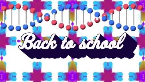 Animation-Von-„Back-To-School“-Text-über-Formen-Und-DNA-Strang-Auf-Weißem-Hintergrund