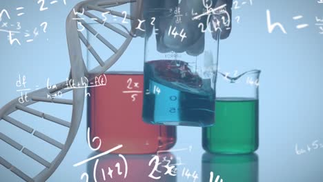 Animation-of-mathematical-equations-and-dna-strand-over-beakers
