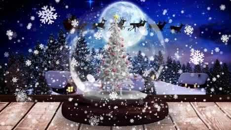 Animation-of-snowflakes-and-shooting-star-over-santa-sleigh,-snow-ball-and-winter-landscape