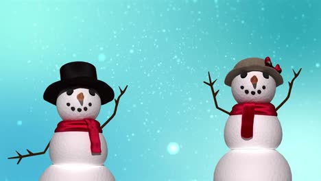 Animation-of-snowflakes-and-snowmen-waving-on-light-blue-background