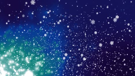 Animation-of-snowflakes-and-lights-moving-on-blue-background