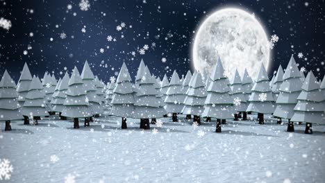 Animation-Von-Schneeflocken-über-Der-Nächtlichen-Winterwaldlandschaft