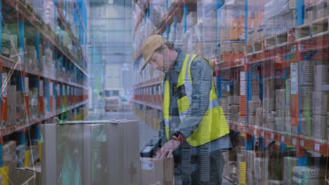 Animation-of-connections-over-caucasian-male-warehouse-worker-in-warehouse