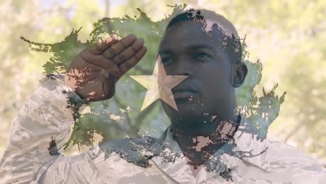 Animation-Von-Formen-Und-Stern-über-Einem-Afroamerikanischen-Männlichen-Soldaten