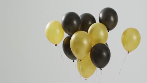 Video-of-black-and-gold-balloons-floating-on-white-background,-with-copy-space