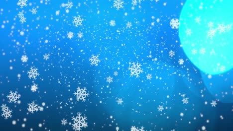 Animation-of-snowflakes,-dots-and-snow-on-blue-background