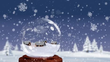 Animation-of-snowflakes-over-snow-ball-on-blue-background