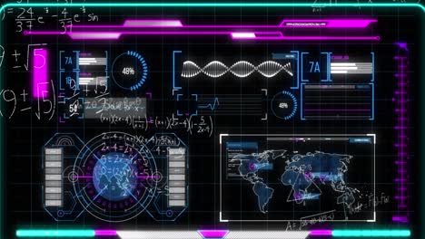 Animation-of-mathematical-equations-data-processing-on-black-background