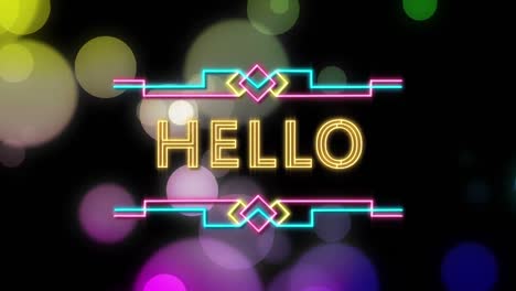 Animation-of-hello-over-light-bokeh-and-black-background