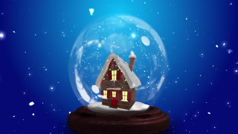 Animation-of-snowflakes-and-snow-ball-with-house-on-blue-background