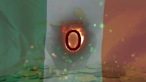 Animation-Von-Lichtpunkten-Und-Der-Flagge-Italiens-über-Einem-Glas-Mit-Münzen