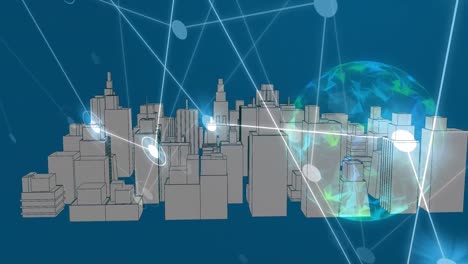 Animation-Von-Punkten,-Die-Mit-Linien-über-Einem-3D-Stadtmodell-über-Einem-Digitalen-Rotierenden-Globus-Verbunden-Sind