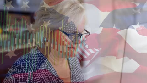 Animation-of-flag-of-usa-and-graph-over-senior-caucasian-woman