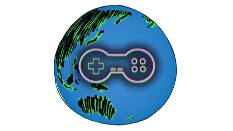 Animation-Des-Gamepad-Symbols-über-Dem-Globus-Auf-Weißem-Hintergrund