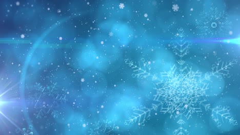 Animation-Von-Schneeflocken-Und-Lichtern-Auf-Blauem-Hintergrund