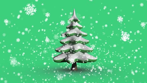 Animation-of-snowflakes-and-christmas-tree-on-green-background
