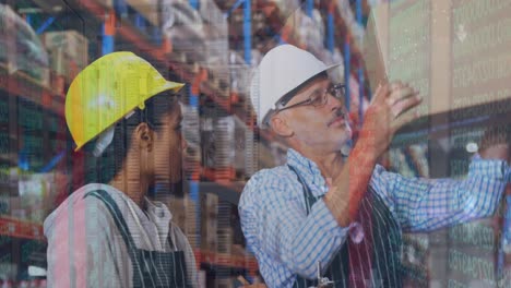 Animation-of-graphs-and-data-over-diverse-female-and-male-warehouse-workers