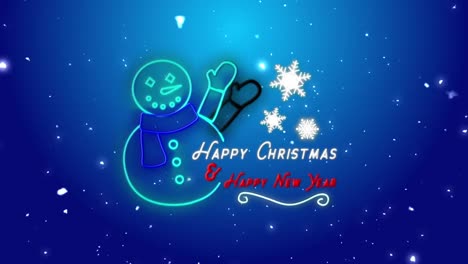 Animation-of-snowflakes-and-neon-snowman-with-happy-christmas-on-blue-background