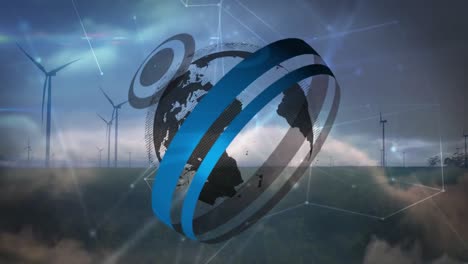 Animation-Von-Verbindungen,-Kreisen-Und-Globus-über-Windkraftanlagen