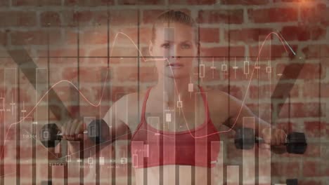 Animation-of-financial-data-processing-over-caucasian-woman-lifting-weights