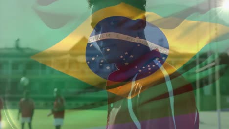 Animation-Der-Brasilianischen-Flagge-über-Verschiedenen-Männlichen-Rugbyspielern