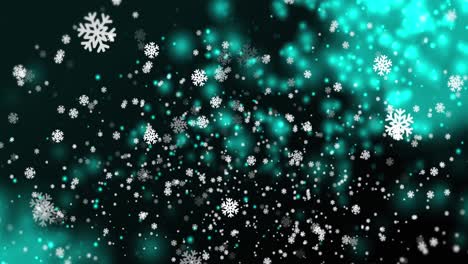 Animation-Von-Schneeflocken-Und-Schnee,-Der-Auf-Grünen-Und-Schwarzen-Hintergrund-Fällt