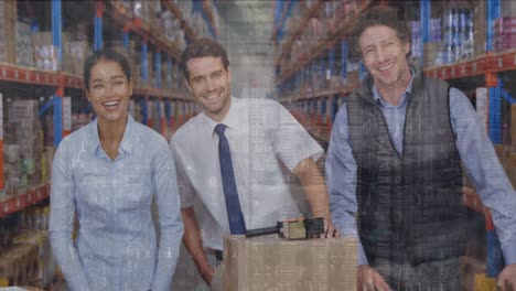 Animation-of-graphs-and-data-over-happy-diverse-female-and-male-warehouse-workers