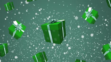 Animation-Von-Schneeflocken-Und-Geschenken,-Die-Auf-Grünen-Hintergrund-Fallen