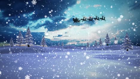Animation-of-snowflakes-over-winter-landscape-with-santa-sleigh