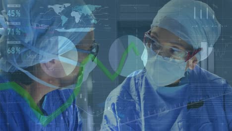 Animation-of-statistical-data-processing-over-two-female-surgeons-performing-operation-at-hospital