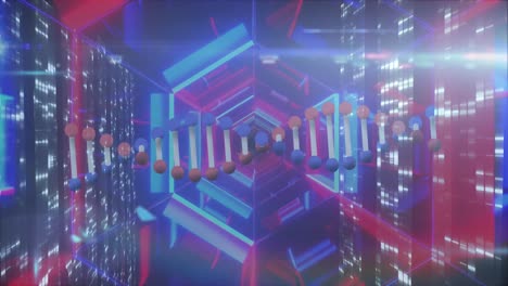 Animation-of-dna-strand-and-moving-columns-over-neon-tunnel