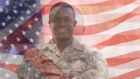 Animation-of-flag-of-usa-over-african-american-male-soldier