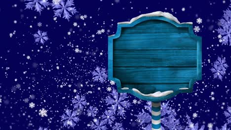 Animation-of-snowflakes-and-wooden-board-with-copy-space-on-b-blue-background