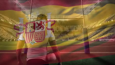 Animation-Der-Flagge-Spaniens-über-Einem-Kaukasischen-Rugbyspieler-Im-Stadion