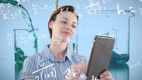 Animation-of-mathematical-equations-and-caucasian-woman-using-tablet-over-beakers