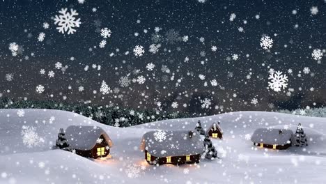 Animation-Von-Schneeflocken,-Die-über-Eine-Winterlandschaft-Mit-Häusern-Fallen