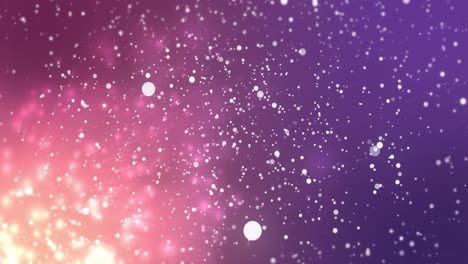 Animation-of-lights-and-snow-falling-on-violet-background