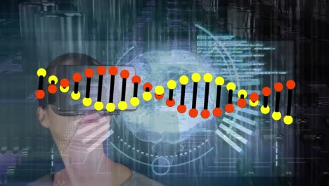 Animation-of-dna-strand-with-digital-brain-and-caucasian-woman-over-computer-circuit-board
