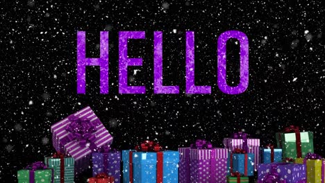 Animation-of-hello-and-snow-falling-over-presents