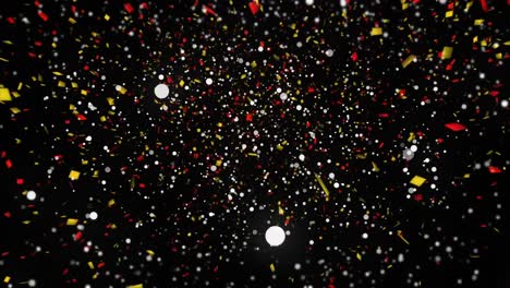 Animation-of-confetti-and-dots-falling-on-black-background