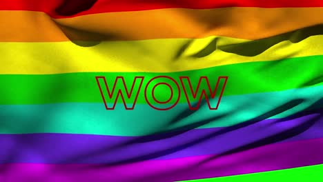 Animation-of-wow-text-with-red-shapes-over-lgbt-flag