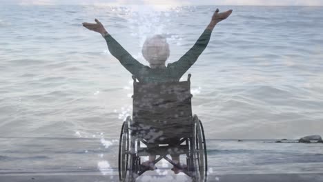 Animation-Einer-Meereslandschaft-über-Einer-Behinderten-Kuakasiatischen-Frau,-Die-Im-Rollstuhl-Sitzt